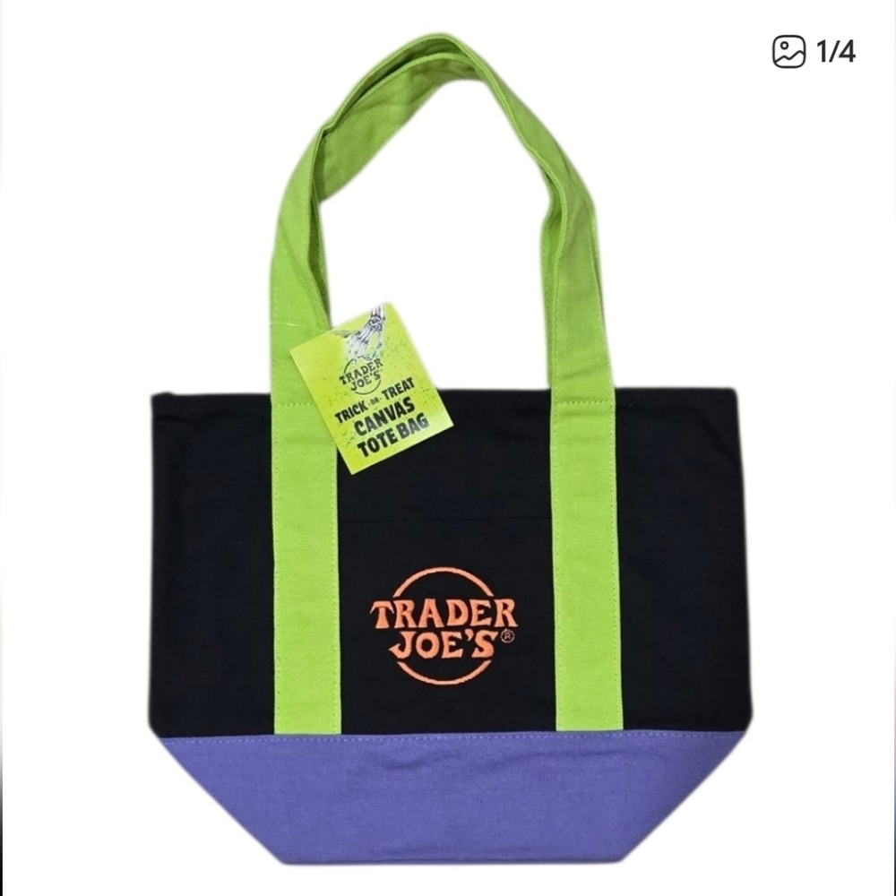Trader Joe's Black Canvas Tote with Lime Handles and Purple Base